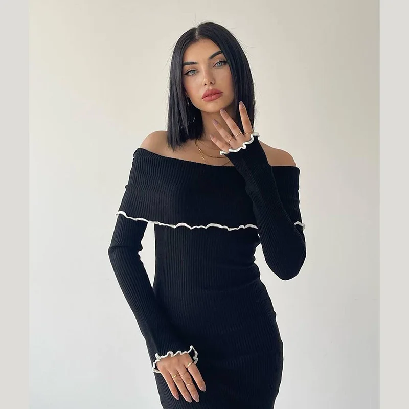 

French Wool Long Skirt Luxury 2023 New Royal Sister Slim Fit Contrast Off Shoulder Dress Vestido Women Clothing Fashion Elegant