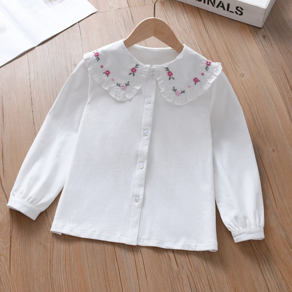 Girls' Shirt 2025 Spring Autumn New Embroidered Floral Long Sleeve Blouse with Ruffled Collar Kids Clothes