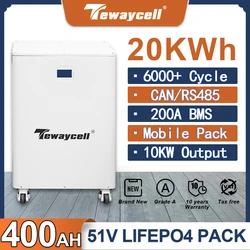 Tewaycell 20KWh 30KWh  Powerwall 51V 400Ah 600Ah LiFePO4 Battery Pack Buitl-in 200A BMS CAN RS485 Monitor Solar ESS 10KW Output