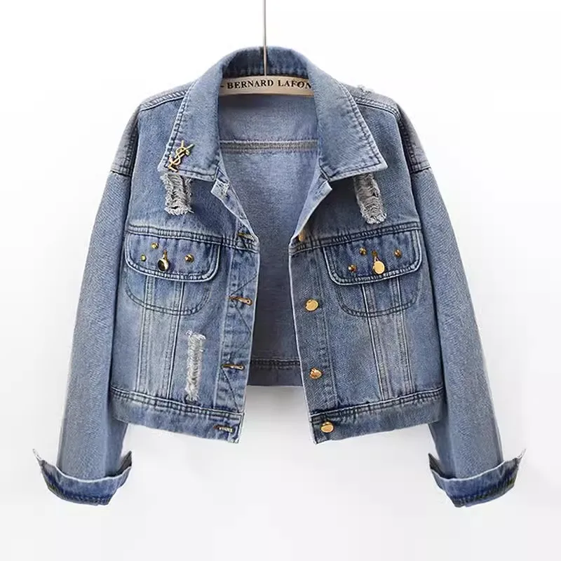 

2024 Spring Autumn New Rivet Hole Denim Coat For Women Short Loose Slim Korean Edition Cowboy Outwear Female Casual Jackets