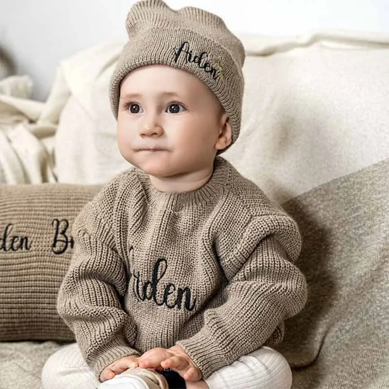 Personalized baby sweaters, hand embroidered knitted sweaters, Name Custom sweaters, winter baby clothes for newborns