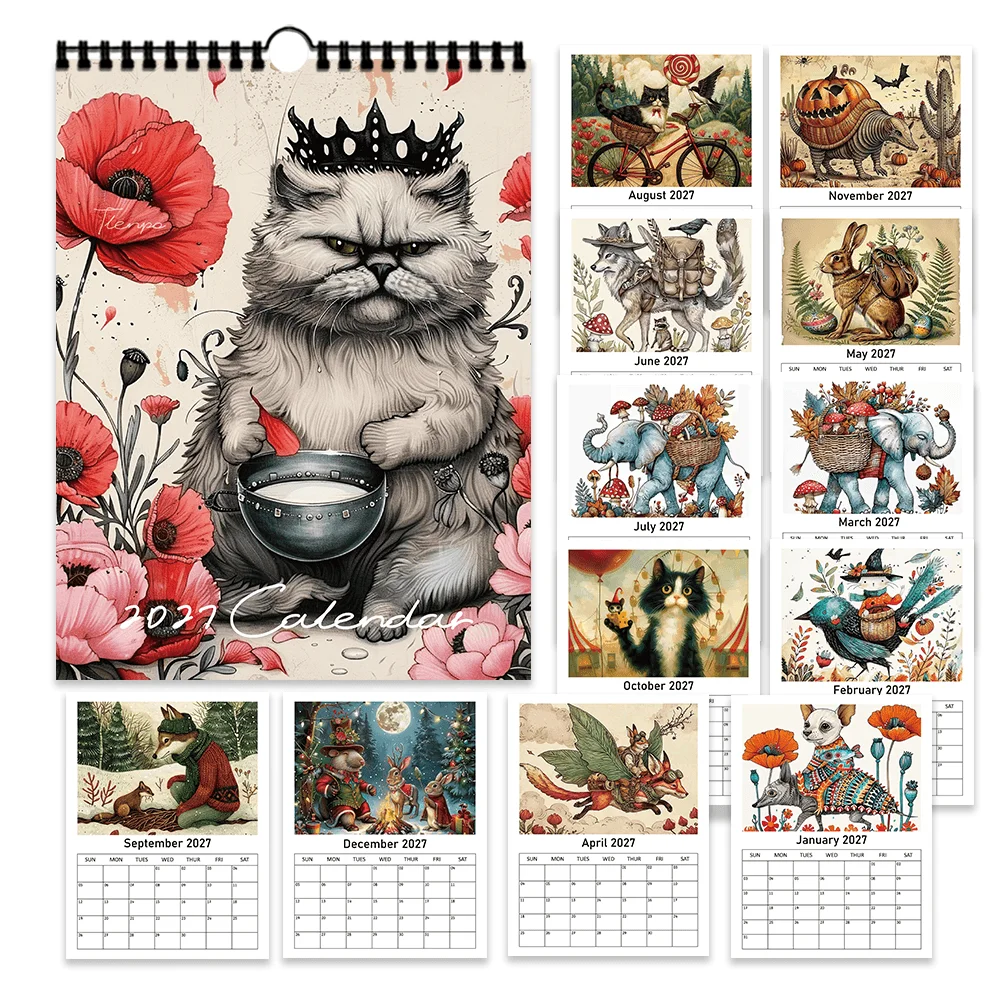 1pc, 2027 Wall Calendar, Crowned Cat Art, 12 Month Planner for Home Office Decor, Christmas New Year Gift with Stickers