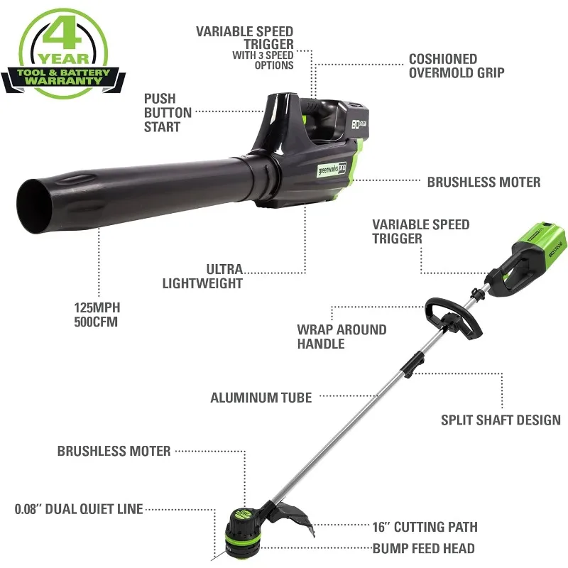 Greenworks Pro 80V Cordless Brushless String Trimmer + Leaf Blower Combo, 2Ah Battery and Charger Included STBA80L210