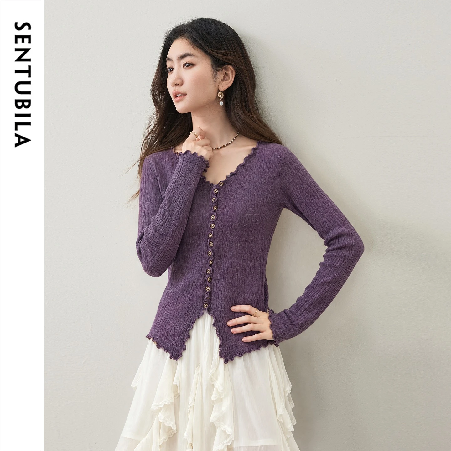 SENTUBILA Women's Knit Cardigan 2026 V Neck Ruffle Flare Sleeve Autumn Winter Sweater Purple Commute Long Sleeve Top W64HB9083