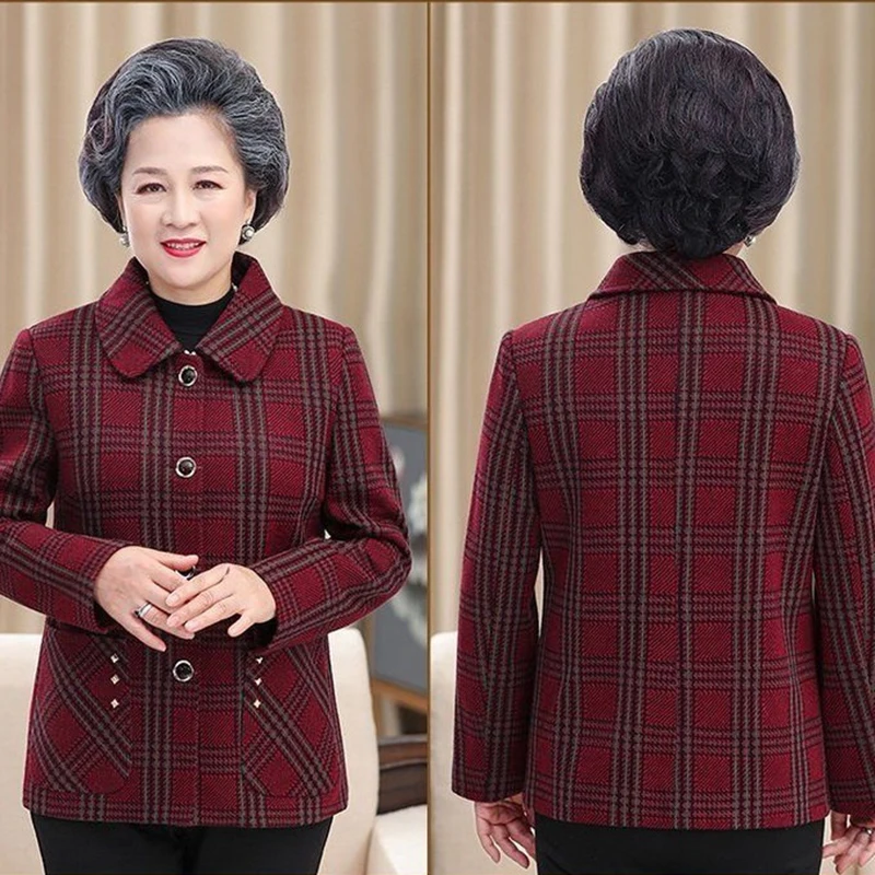 Fashion Red Green Plaid Jacket Middle-Aged Elderly Women Coat 2023 new Short Loose Casual Spring Autumn Woolen Outerwear Tops