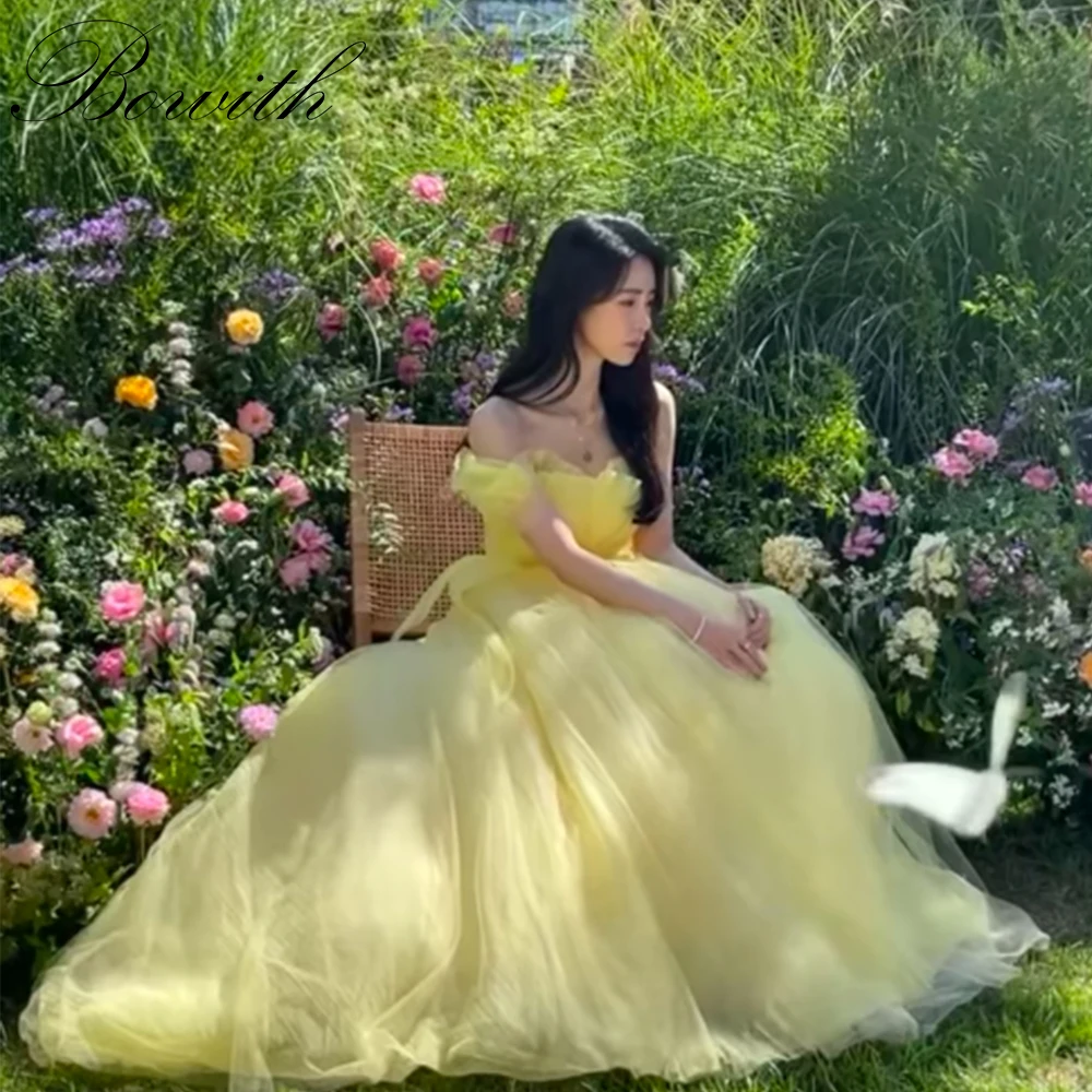 

Bowith Bright Yellow Korean Prom Dresses Soft Tulle Off the Shoulder Evening Party Dresses Wedding Photo Shoot Dresses