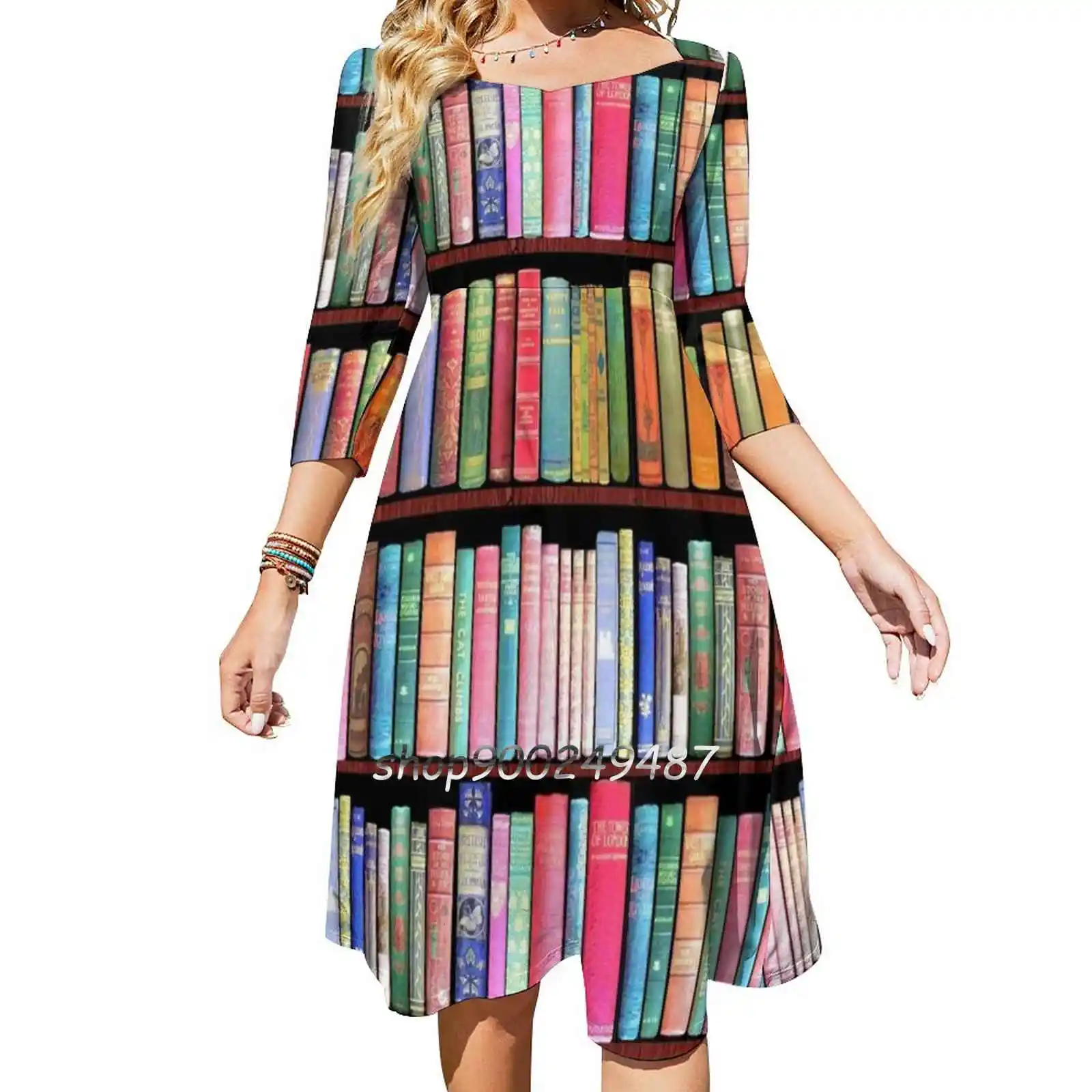 Bookworm Antique Book Library , Vintage Book Shelf Flare Dress Square Neck Dress Elegant Female Fashion Printed Dress Bookworm