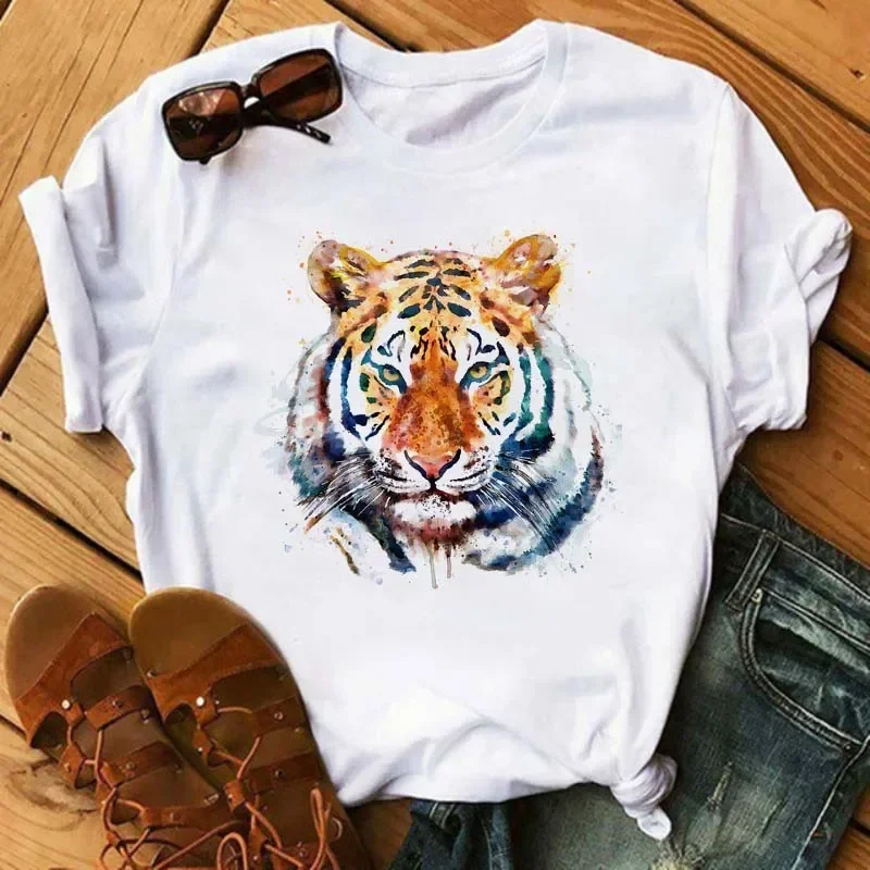 

New Summer Women Tops Cartoon Tiger Graphic Printed T Shirt Fashion Round Neck Woman Clothing Short Sleeve Tshirts Tees