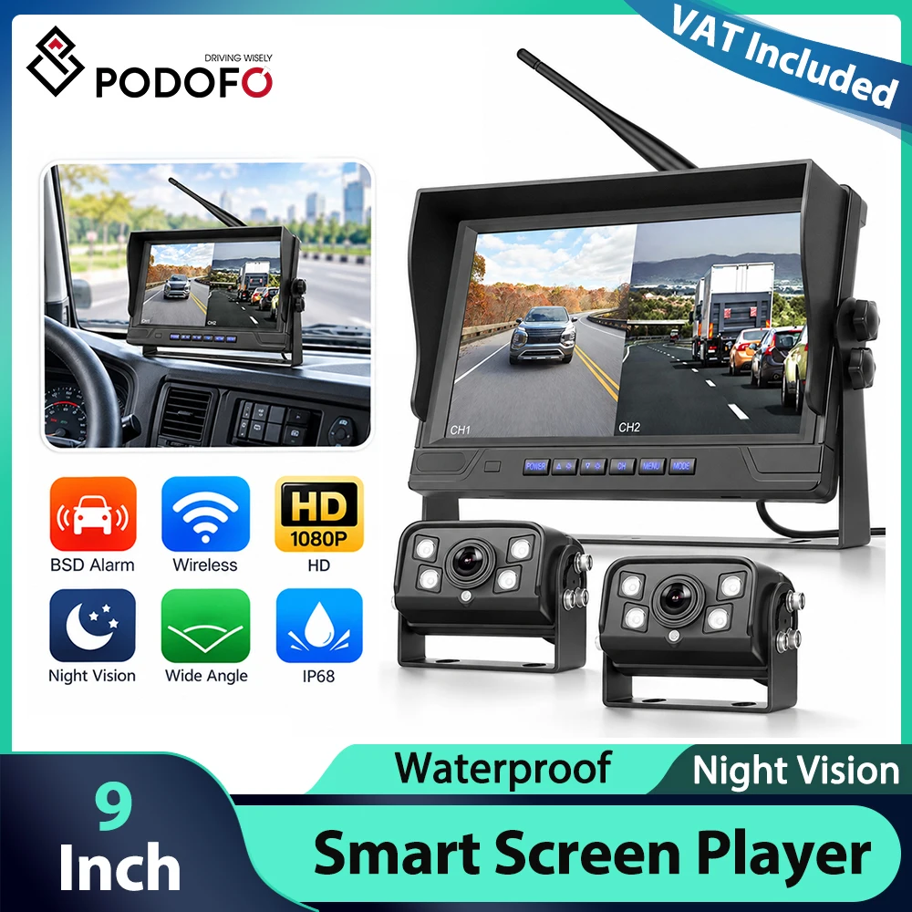 Monitor di Retromarcia Podofo 9'' con Telecamera Wireless, Visione Notturna, Impermeabile IP68, Schermo Intelligente, Funzione BSD