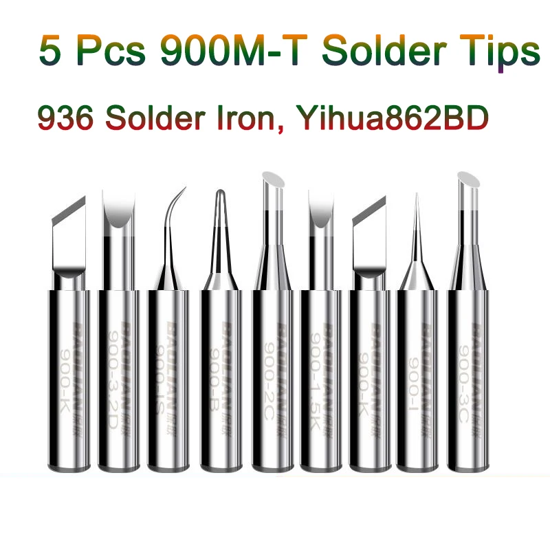 

5 Pcs 900M-T Soldering Iron Nozzle 936 Copper Tin Solder Tip Is/I/B/K/SK/3.2D/1C/2C/4C Lead-Free Welding Bit Head For Yihua862BD