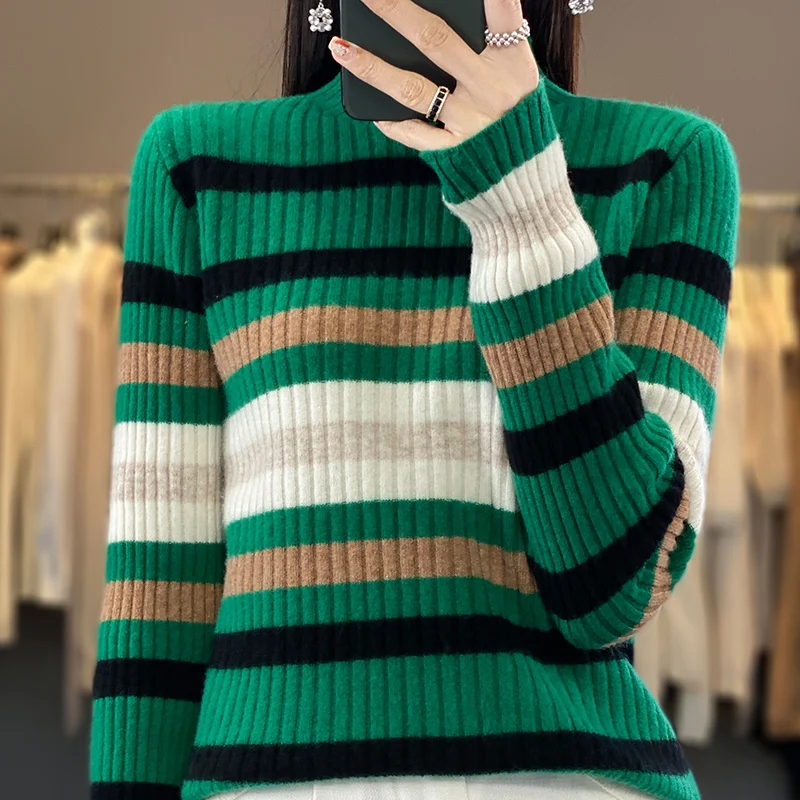 

New autumn and winter 100% merino cashmere sweater women's semi-high neck contrast striped knit pullover fashion slim top