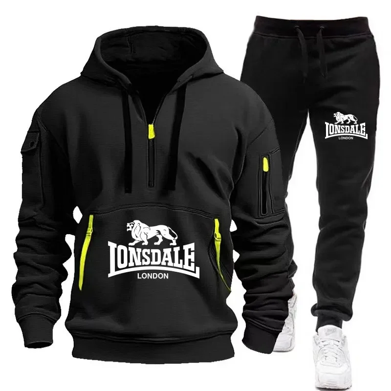 

Spring and autumn fashion men's multi-pocket zipper sports hooded suit leisure fitness jogging long sleeve hoodie + pants 2 sets