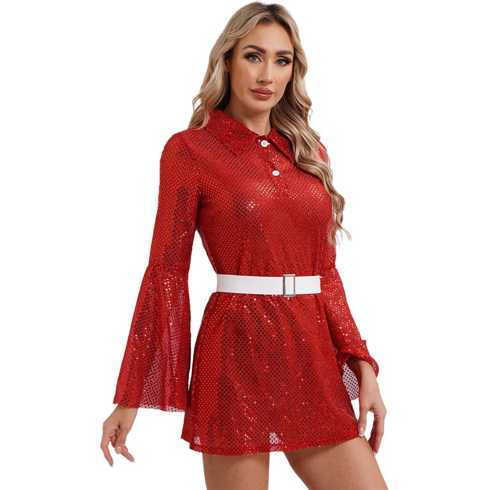 Womens Sequined Shirt Dress Flare Sleeve See Though Mini Dress with Elastic Belt Stylish Disco Party Music Festivals Clubwear