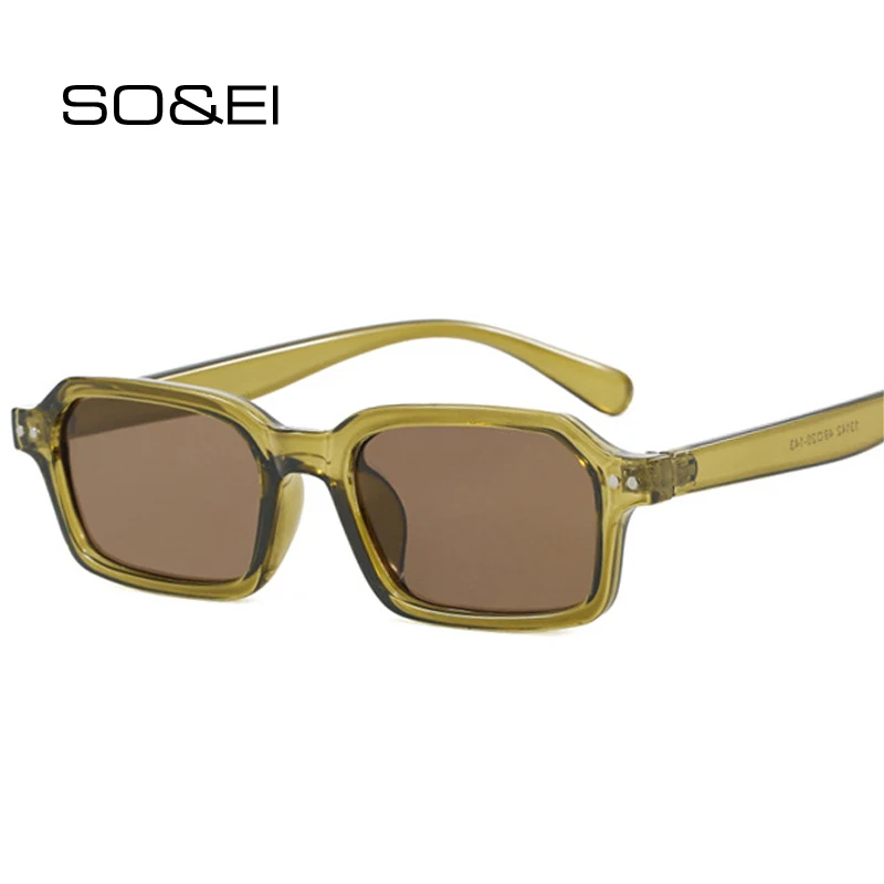 SO&EI Retro Small Rectangle Sunglasses Women Fashion Yellow Blue Shades UV400 Men Trending Rivets Punk Sun Glasses