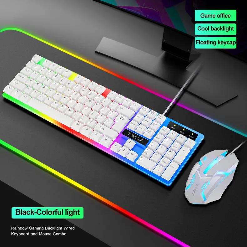 Gamer Keyboard  T-WOLF TF230 Wired Illuminated Keyboard and Mouse Set for Spanish and Arabic Keyboards for Business Office