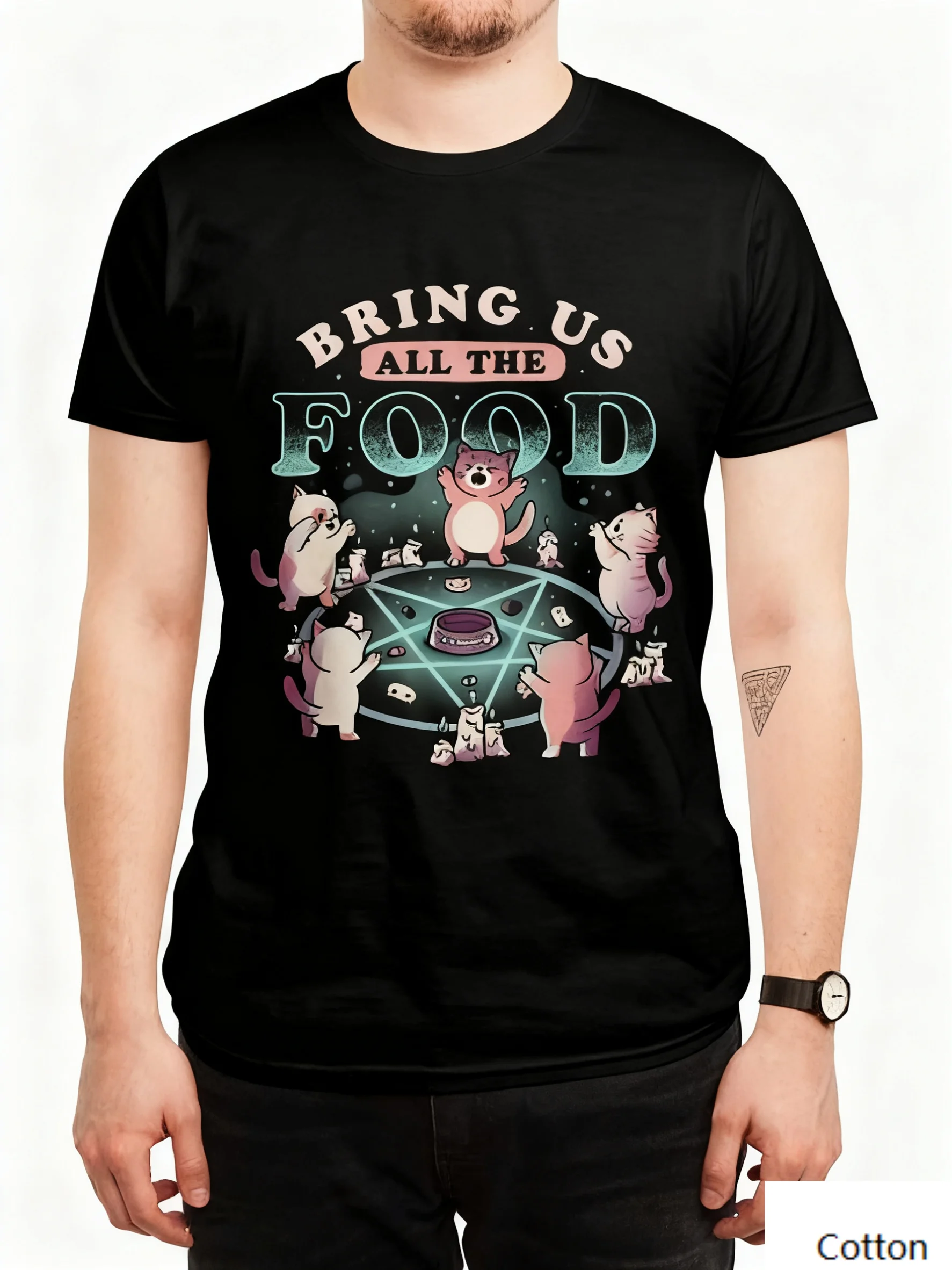 Хлопковая футболка с круглым вырезом Creative Cat «Humorous Food Ritual» с ярким дефектом кошек, пентаграмма