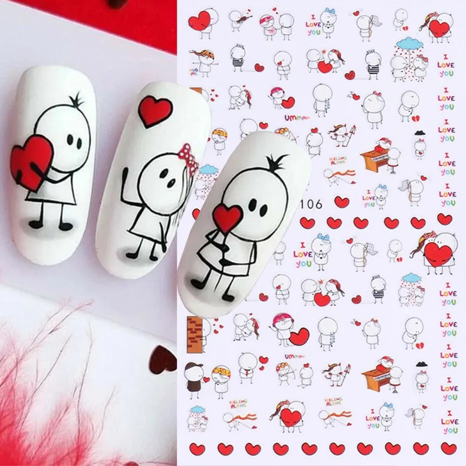 6PCS 3D Valentines Day Nail Art Sticker Lover Letter Cute Girl Cartoon Slider Full Wrap Stickers On Phone Nail Art Accessories