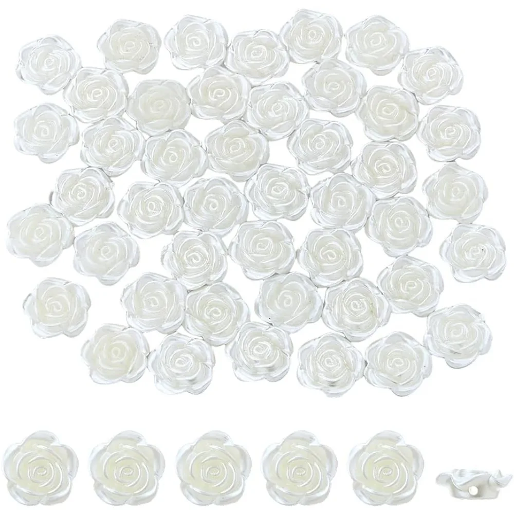 

200Pcs Rose Beads Plastic Flower 14x14x5.5mm Flatback Loose White Imitation Pearl Floral Jewelry making kit