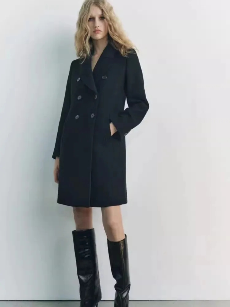 

Autumn Winter Women's Double-breasted Woolen Coat Medium-length Loose Windbreaker Korean Sle Commute Faion 2024 New Arrival