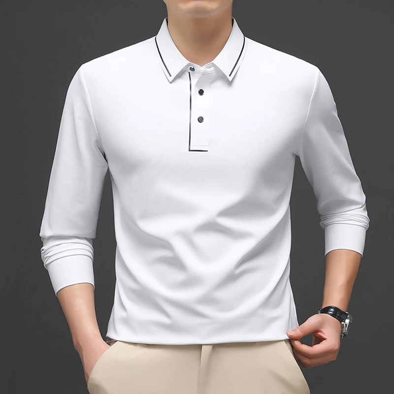 Understated Luxury Men's Polo Shirt - Business Casual Silky-Smooth Texture Comfort & Elegant Collared Long Sleeve Tops Gentlemen