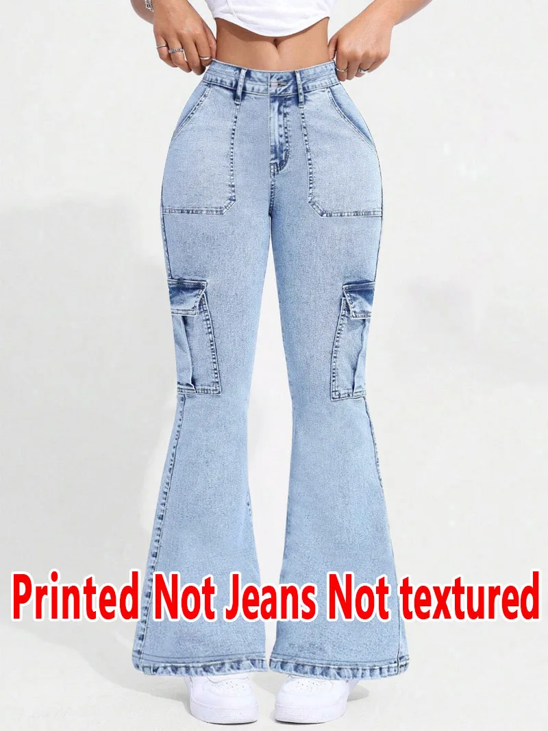 5974  Ladies Non- Denim Floral Print Bell Bottom Pants Texture-Free Simulation Denim Four Seasons Wearable Long Trousers