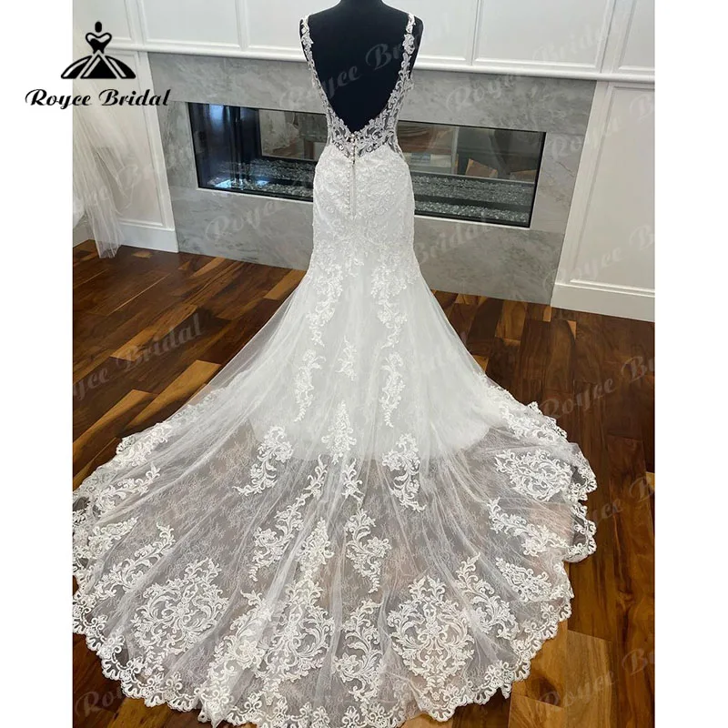 Elegancka koronka aplikacje syrenka/trąbka tiul O-Neck suknia ślubna bez pleców suknie ślubne dla panny młodej vestido de casamento princesa