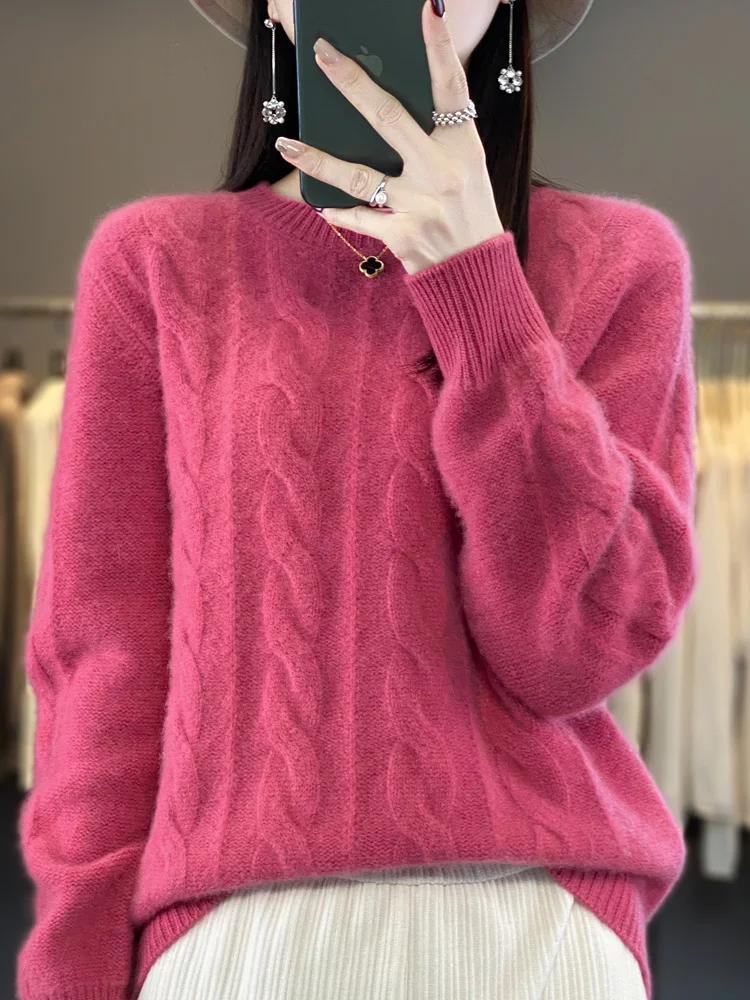 Women Winter Sweater 100% Merino Wool Thick Warm O-Neck Pullover Twist Flower Cashmere Knitwear Casual Korean Popular Clothes