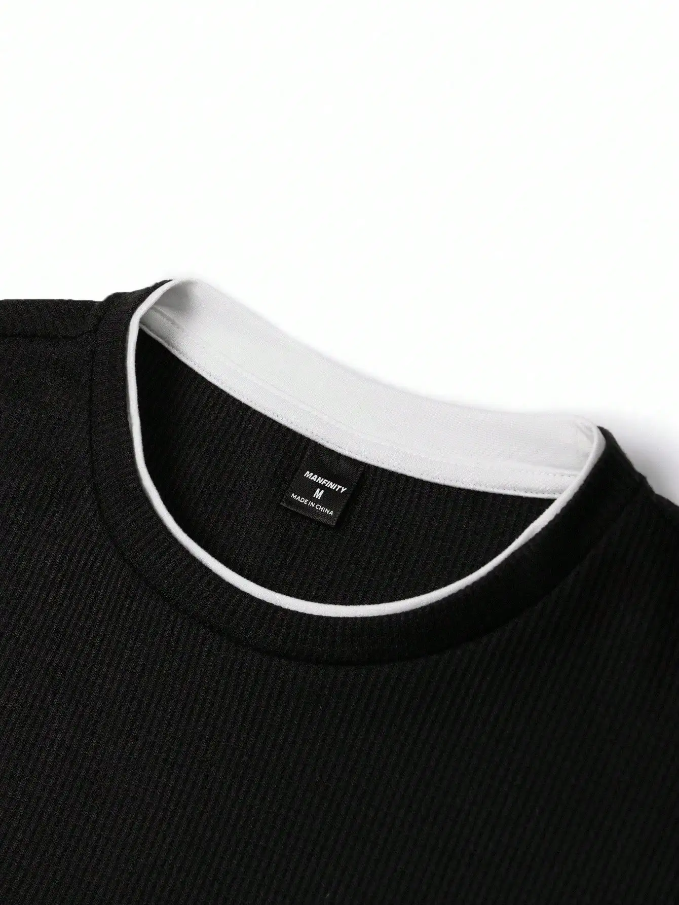 Haut à manches longues en tricot gaufré noir pour homme avec bordure blanche, t-shirt décontracté pour l'automne