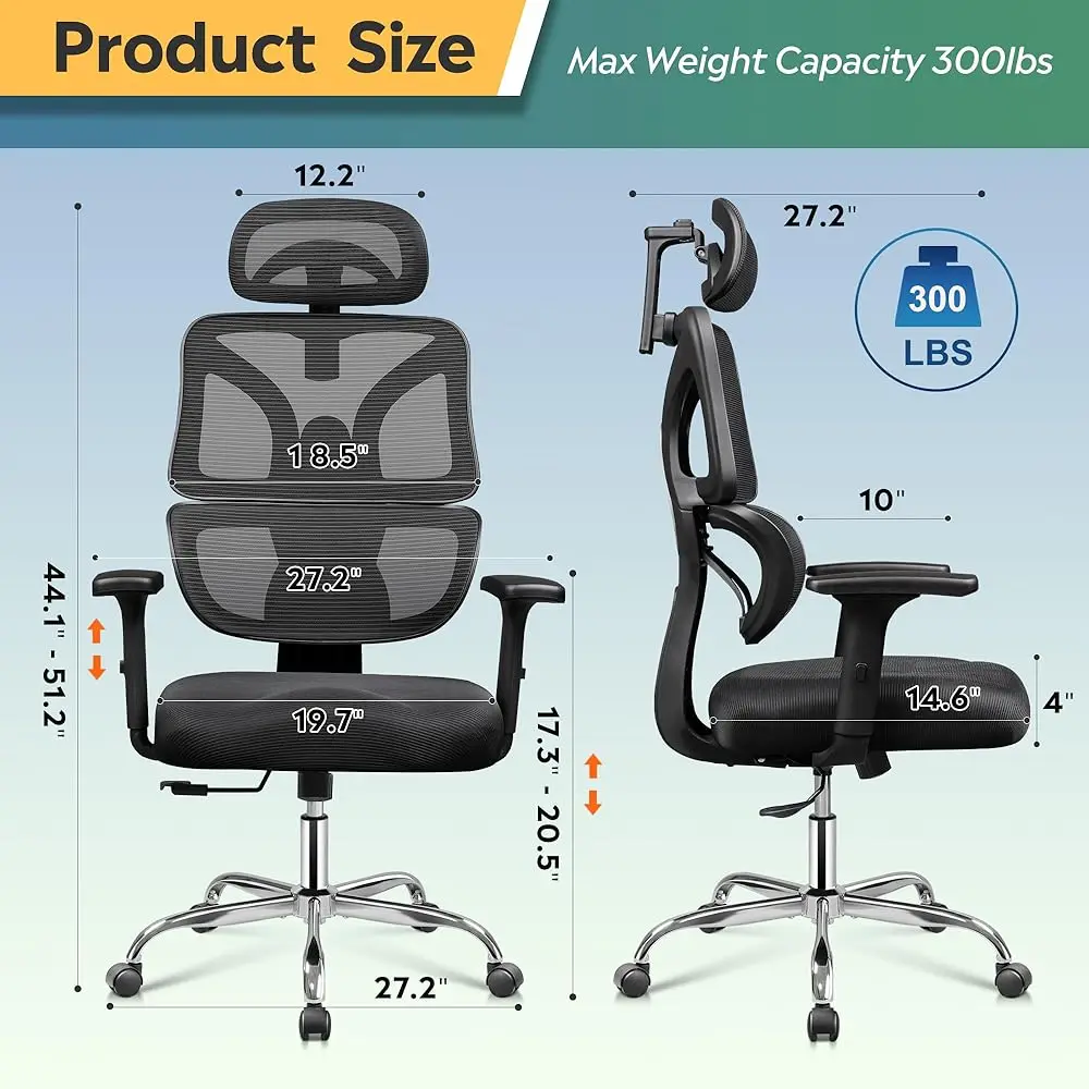 Office Chair Big And Tall Reclining Ergonomic Desk Chair For Long Hours, Comfy Breathable Mesh, Adjustable Armrests With Lumbar