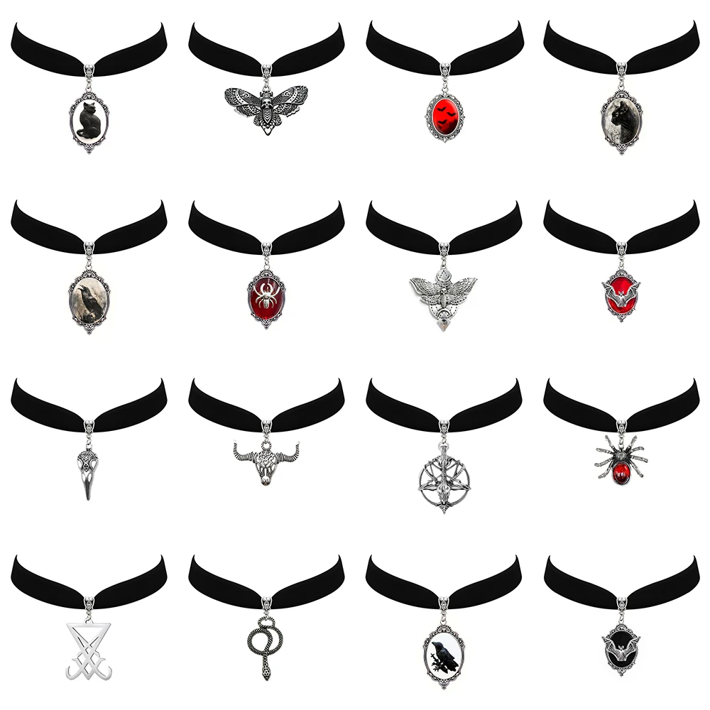 Gothic Animal Series Choker Halloween Necklace Bat Goat Head Crow Skull Black Cat Moth Pendent Black Velvet Jewelry for Women