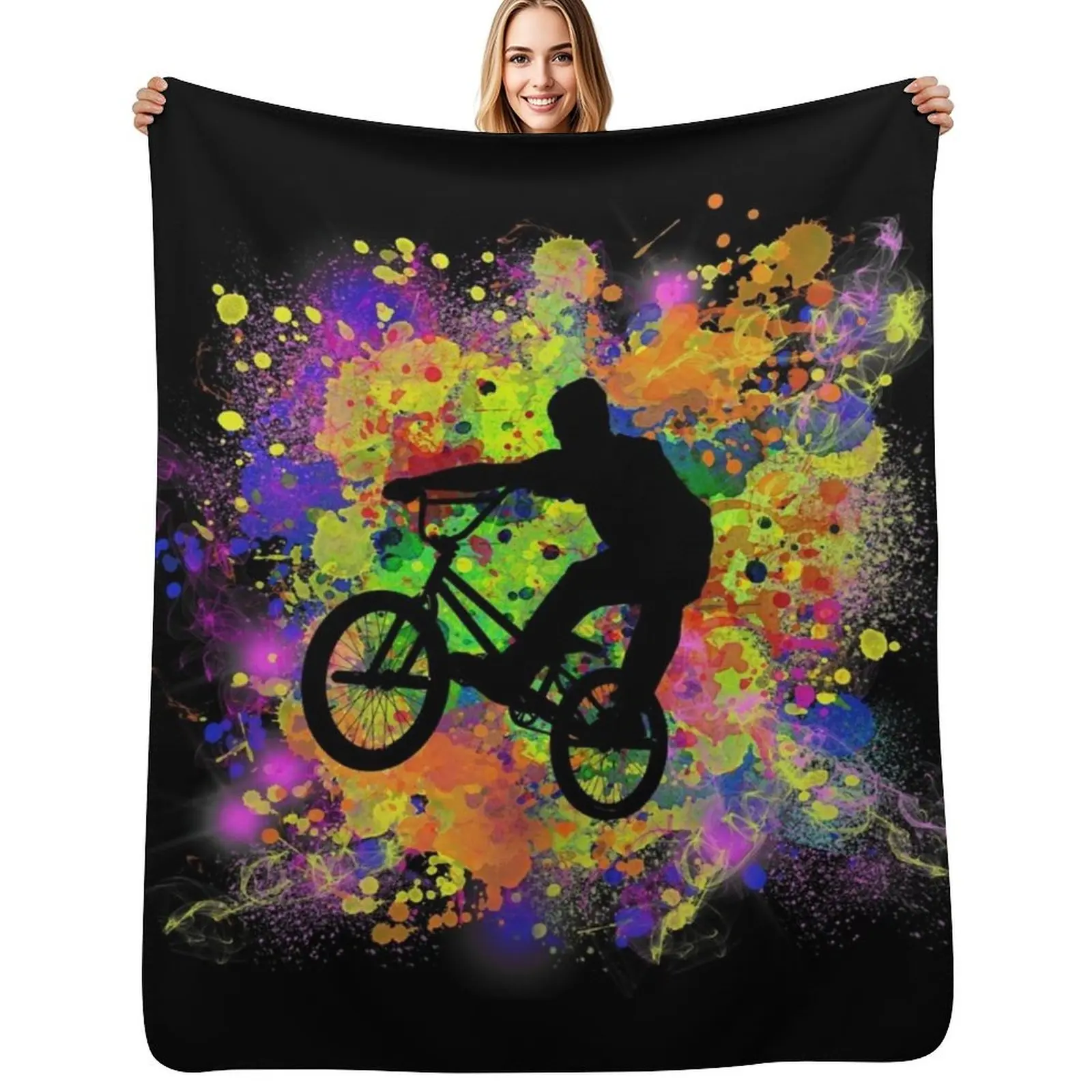 

Extreme Sports BMX Bike Coloured Splash Illustration Throw Blanket for babies halloween For Sofa Thin Hairy Blankets