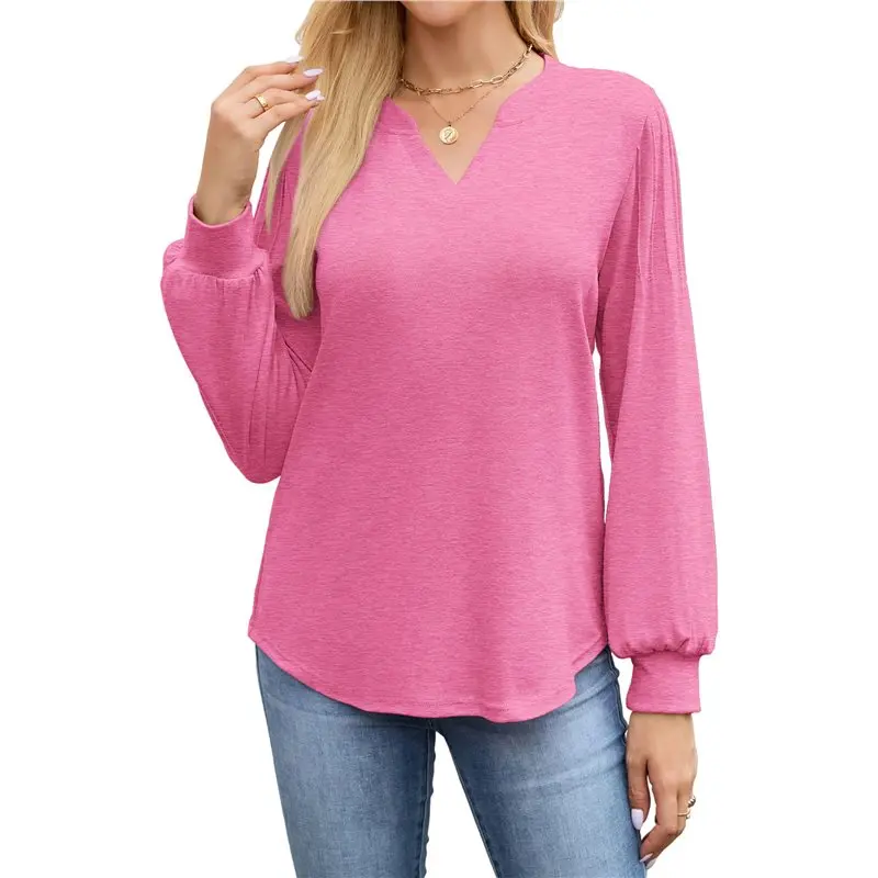 

CYL-Long Sleeve Shirts For Women V Neck Pleated Puff Sleeve Tunic Tops Dressy Casual Work Loose Blouses