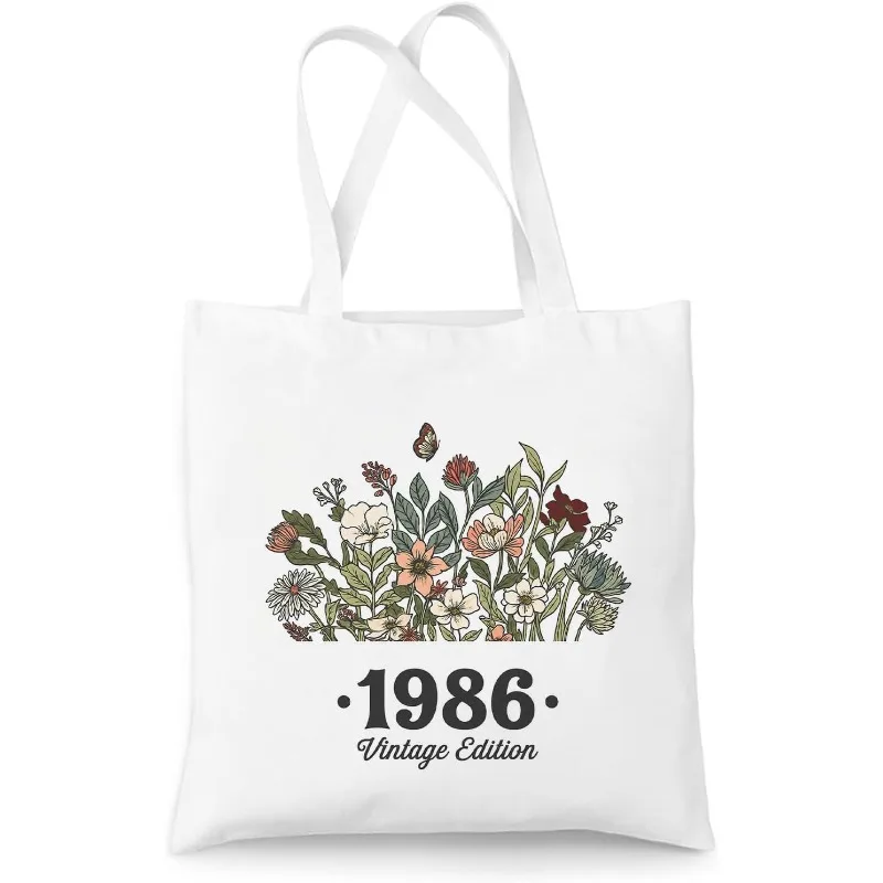 Retro Wildflower Butterfly 1986 Vintage Edition Canvas Tote Bag Reusable Eco Shopping Shoulder Bag Birthday Gift Handbag