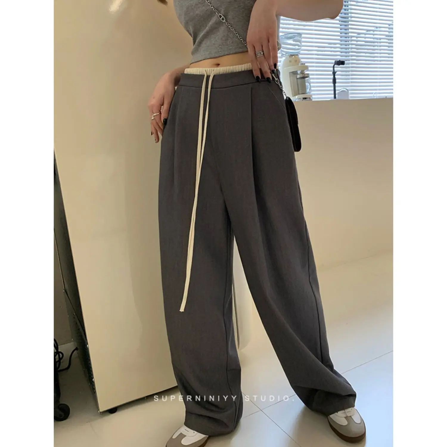 Spring 2024 New Suit Pants Elastic Waist Drawstring Design Loose Slimming Large Long Leg Wide Leg Pants Casual Pants for Women