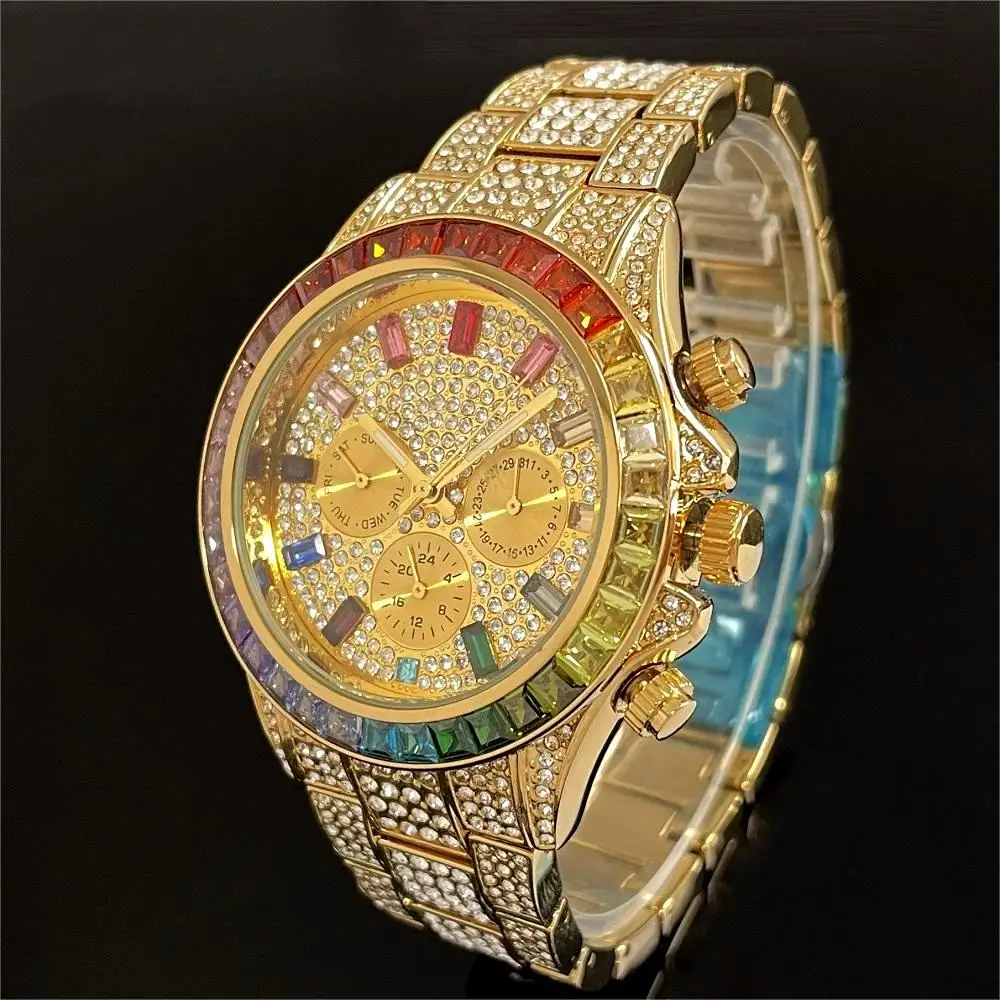 2024 Hot Luxury Quartz Watches Men Fashion Rainbow Diamond Wristwatch Hip Hop Iced Shiny Jewelry Gold Watches Man Dropshipping