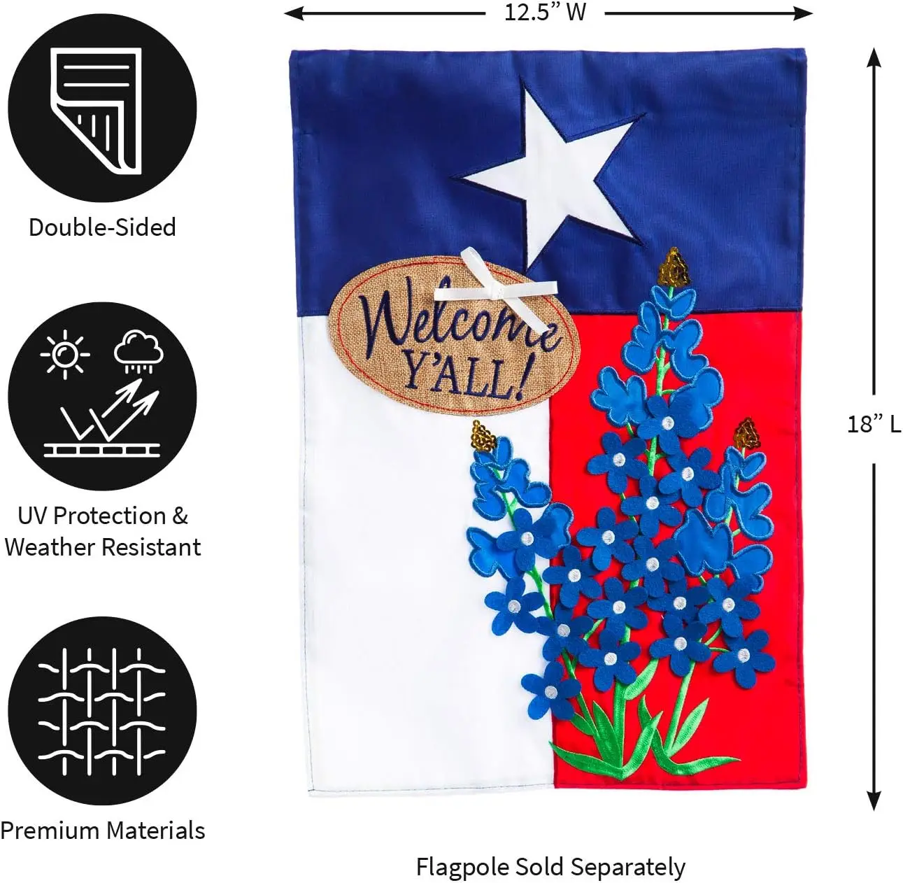 Evergreen Flag Texas Blue Bonnets Garden Applique Flag | Welcome Texas State Garden Flag for Outside 12x18 Double Sided | Small