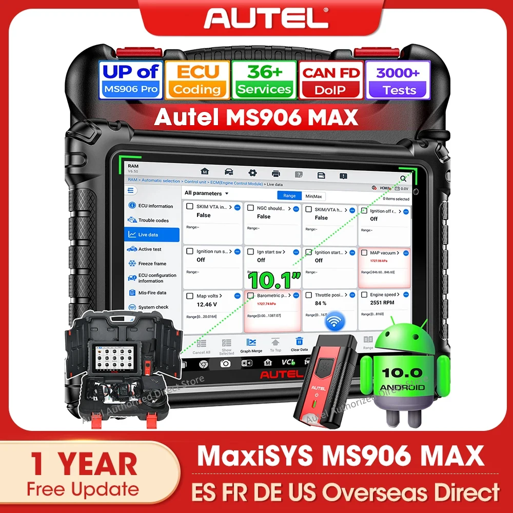 

Сканер Autel MaxiSys MS906 MAX, 10,1-дюймовый двунаправленный диагностический инструмент, 3000+ тестов, 40+ услуг, CAN FD и DOIP, модернизированный MS906PRO