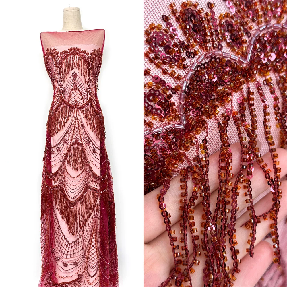 

2025 Luxury Elegant Handmade Embroidery Sequins Beaded Lace High Quality African 3D Tassel Lace Fabric for Wedding Dress Sewing