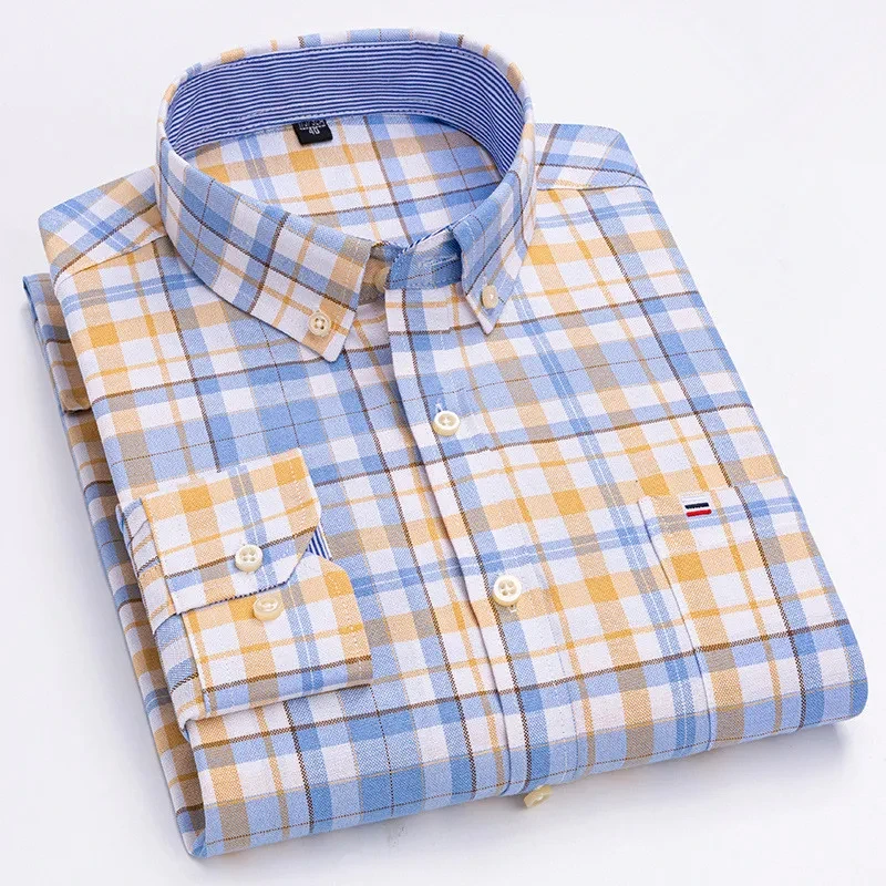 2024 new Men\'s Shirt Long sleeved Spring Autumn Oxford Cotton Comfortable Breathable Business Casual Plaid Solid Color 6XL 7XL