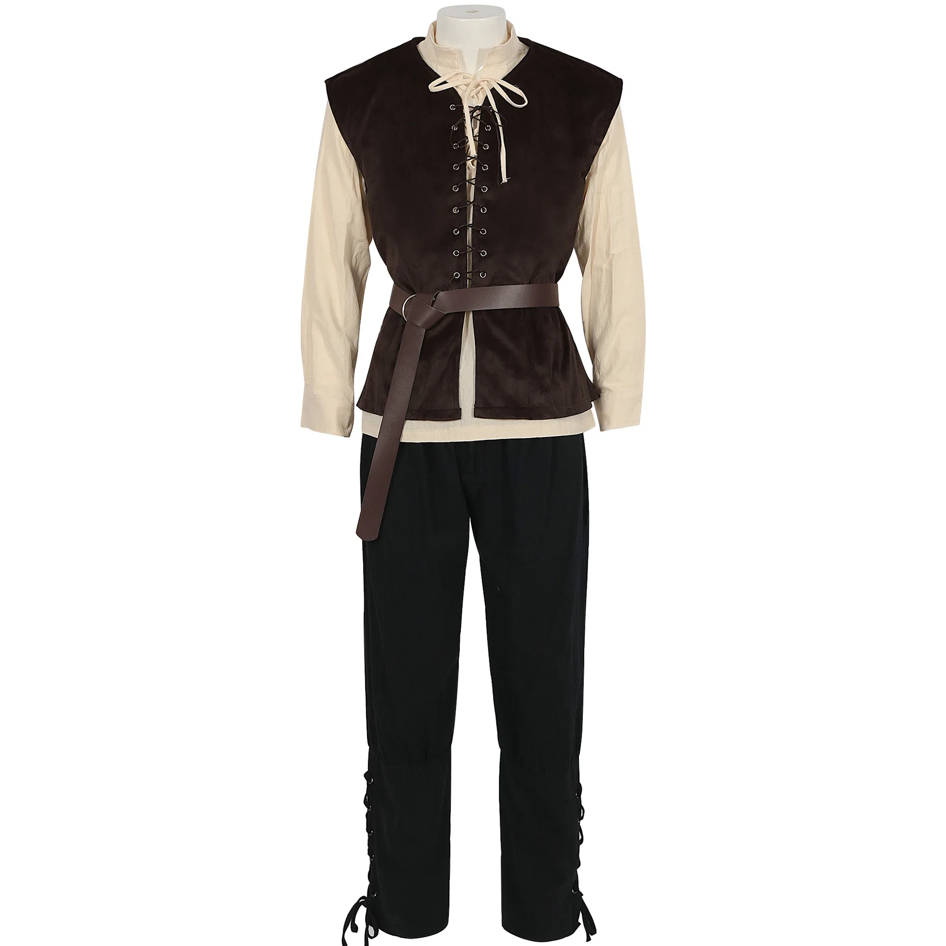 Medieval Renaissance Cosplay Bandage Stand Collar Shirt Top Pirate Pants Vest for Men Blouse Loose Male Casual Costume