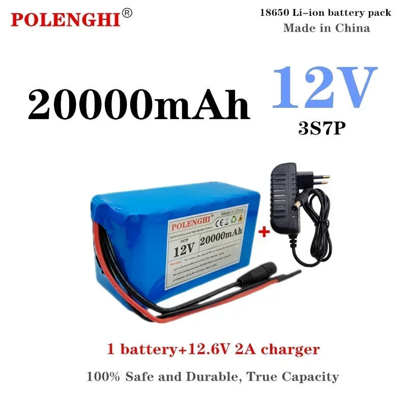 100%real large capacity 12V 20000mAh 3S7P 18650 rechargeable lithium battery pack with built-in intelligent BMS 12.6V 2A charger