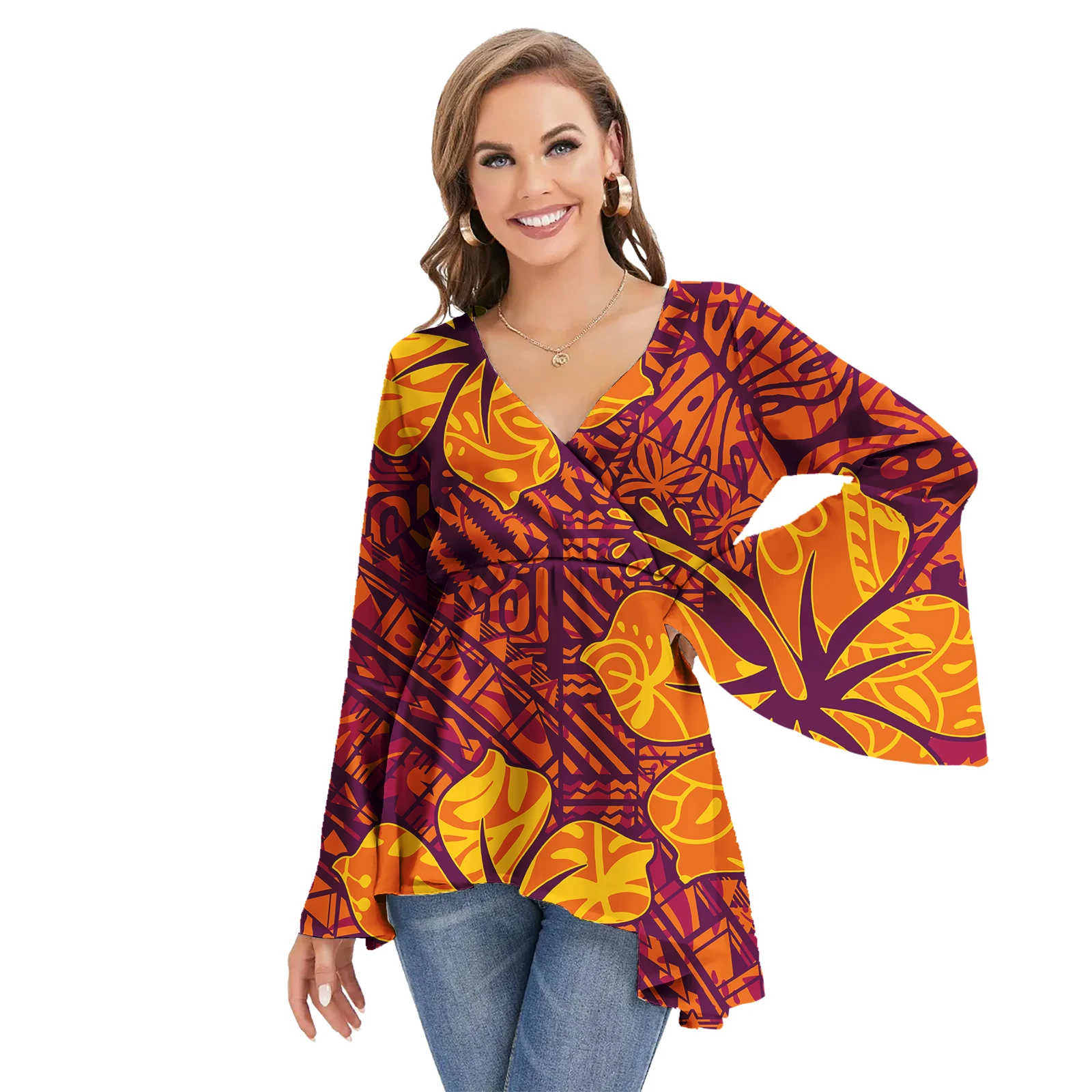 Wholesale Samoan Style Polynesian Tribal Women Long Sleeve Floral Printed Shirts Custom Women Summer T-shirts Blouse