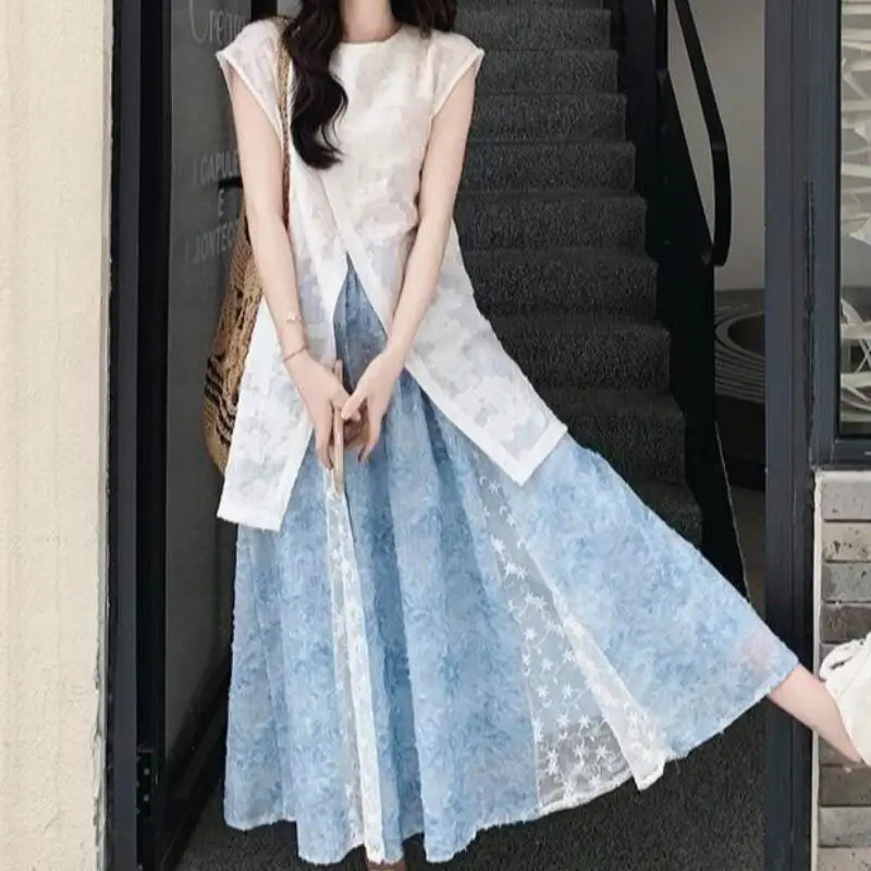 2026 New Women Summer Dress Fashion Design Sleeveless Half Skirt Tops Two Piece Set Extremely Beautiful Lace Splicing Casual Set