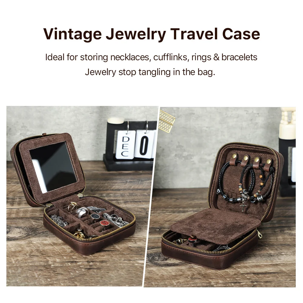 Luxury Cowhide Leather Travel Jewelry Ring Necklace Bracelet Box Portable Storage Square Case with Mirror High Capacity Gift