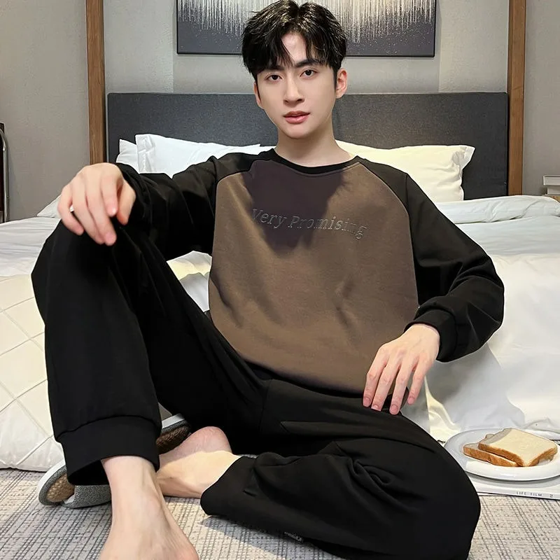 2024 New Men Pajamas Spring Autumn Youth Pure Cotton Long-Sleeved Homewear Suit Casual Large Size Round Neck Sleepwear Sets