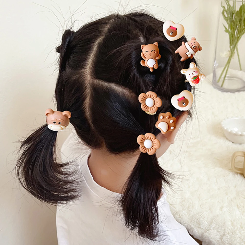 10pcs/Set Cute Bear Rabbit Finger Hair Ties Baby Toddler Elastic Mini Cartoon Animal Flower Ponytail Holder Hair Ropes For Girls