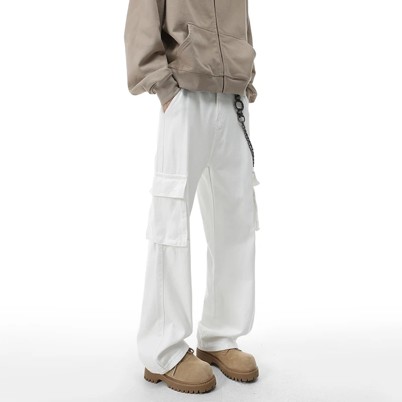 White cargo Jeans Men 2025 New Baggy Large pocket Denim Pants Loose Street Style Fall Fashion High Quality Outdoor casual jeans