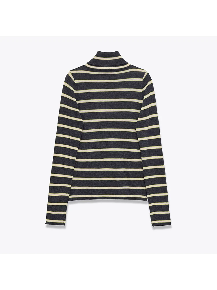 النمط الأوروبي أزياء المرأة الجديدة تنوعا مزاجه مقلمة عالية الياقة طويلة الأكمام محبوك سترة