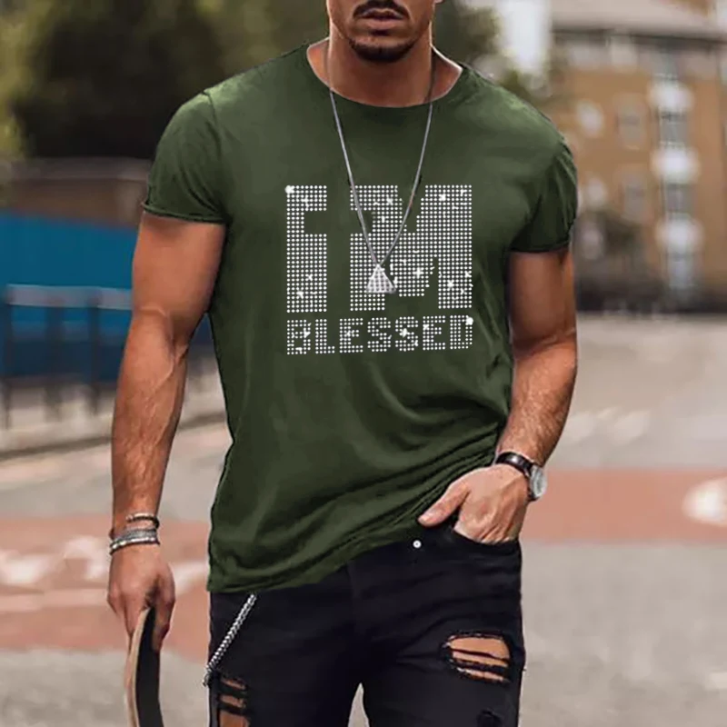 

Fashion Men's Clothing Oversized Tee y2k Blessed Rhinestone Designer Short Sleeve Tops Moto Casual Street T-Shirt High Quality