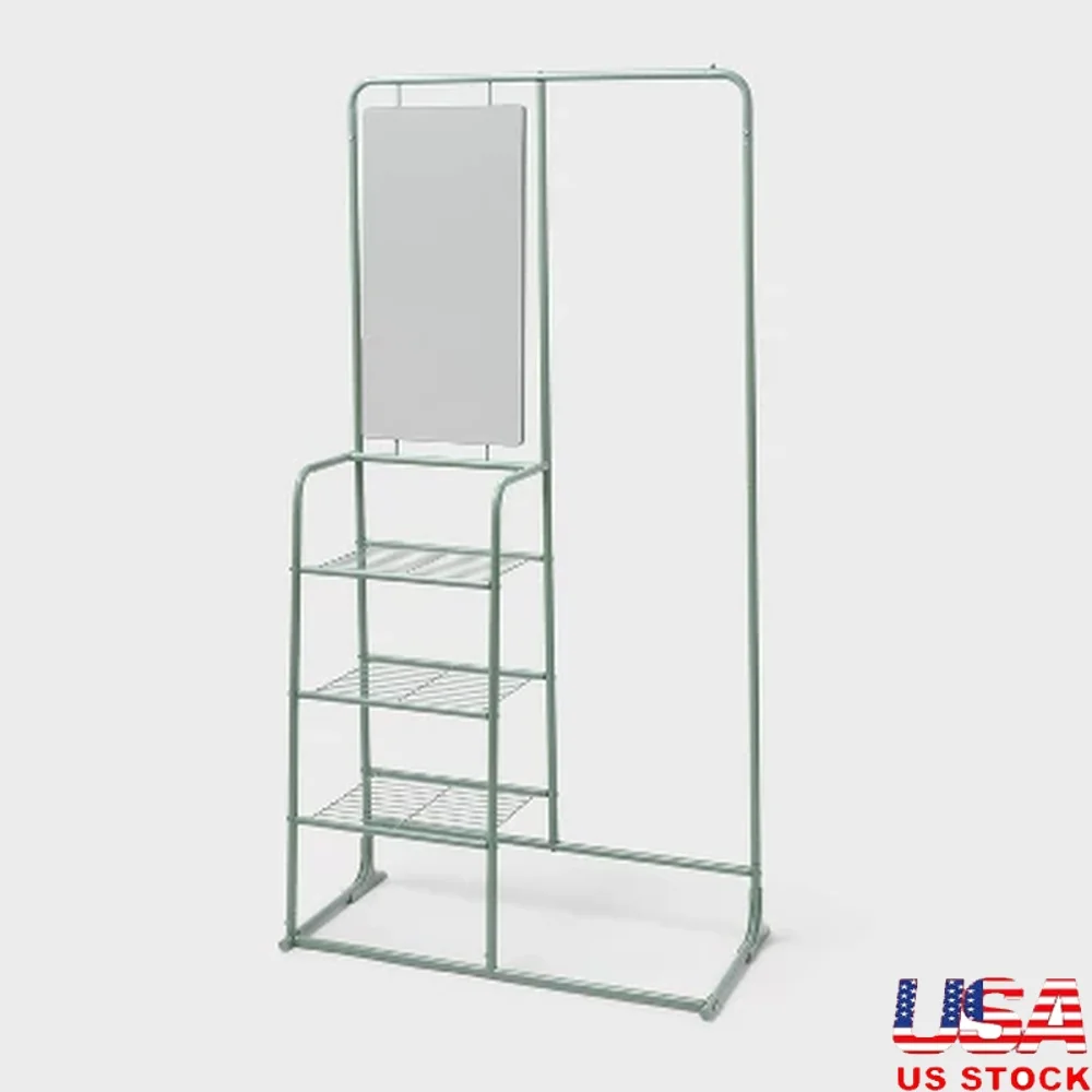 

Metal Garment Rack with Mirror Shelving Storage Solution Green Steel Frame 3 Shelves Top Hanging Rod Anti-Tip Hardware